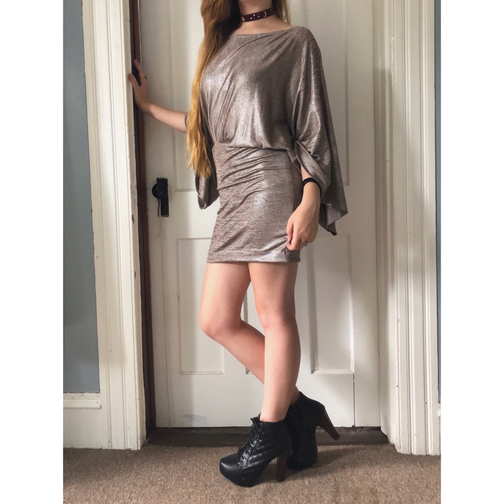Metallic Shimmer Long Draped Sleeves Dress